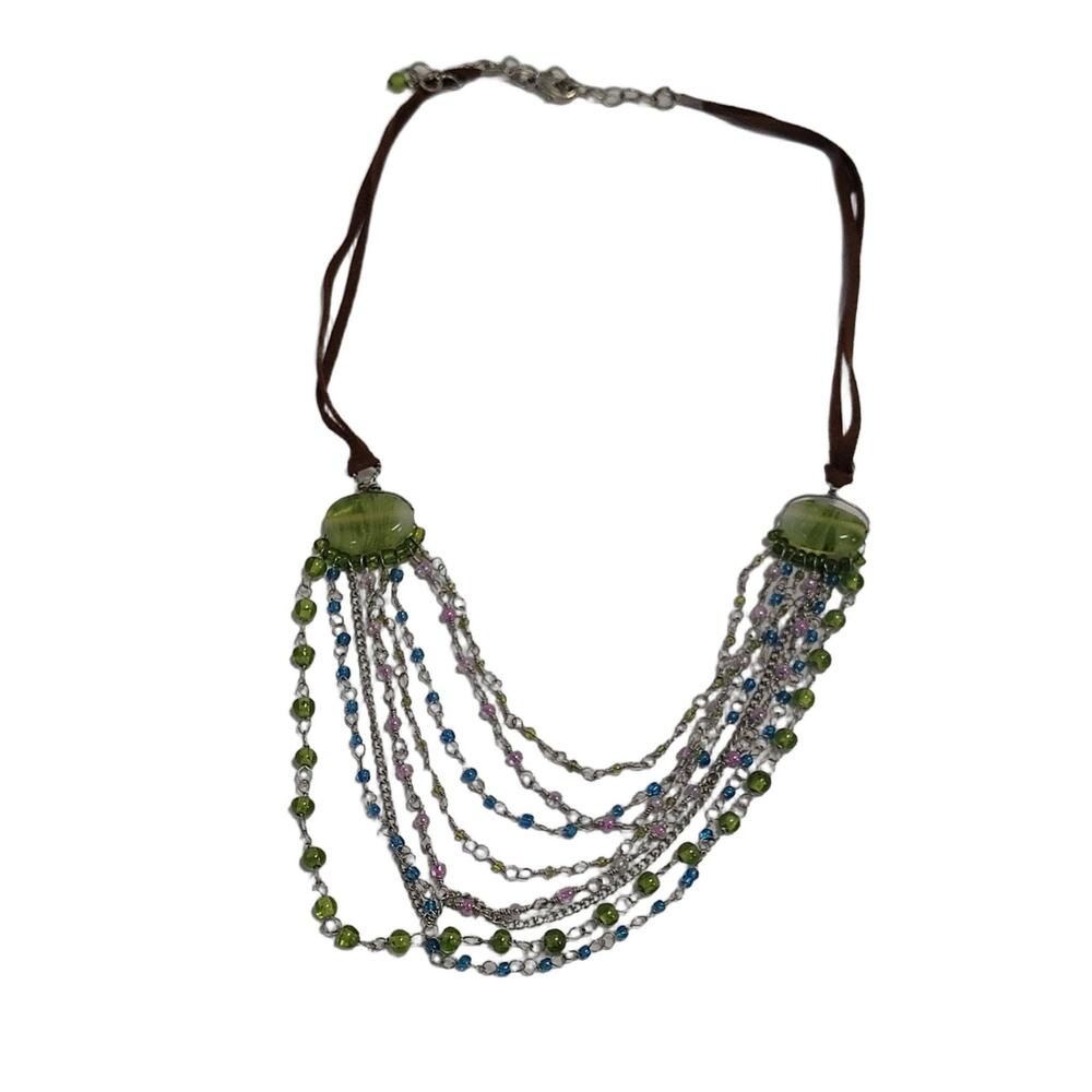 Fringe Necklace Silver Plated Green Oval Glass Charm Bezel Setting Suede